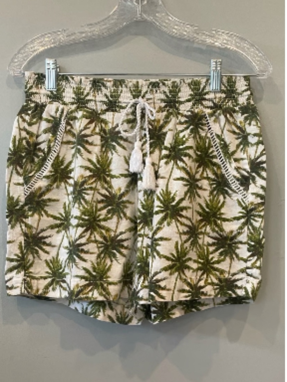 Briggs New York Linen Blend Palm-Print Drawstring Shorts - Cream & Green